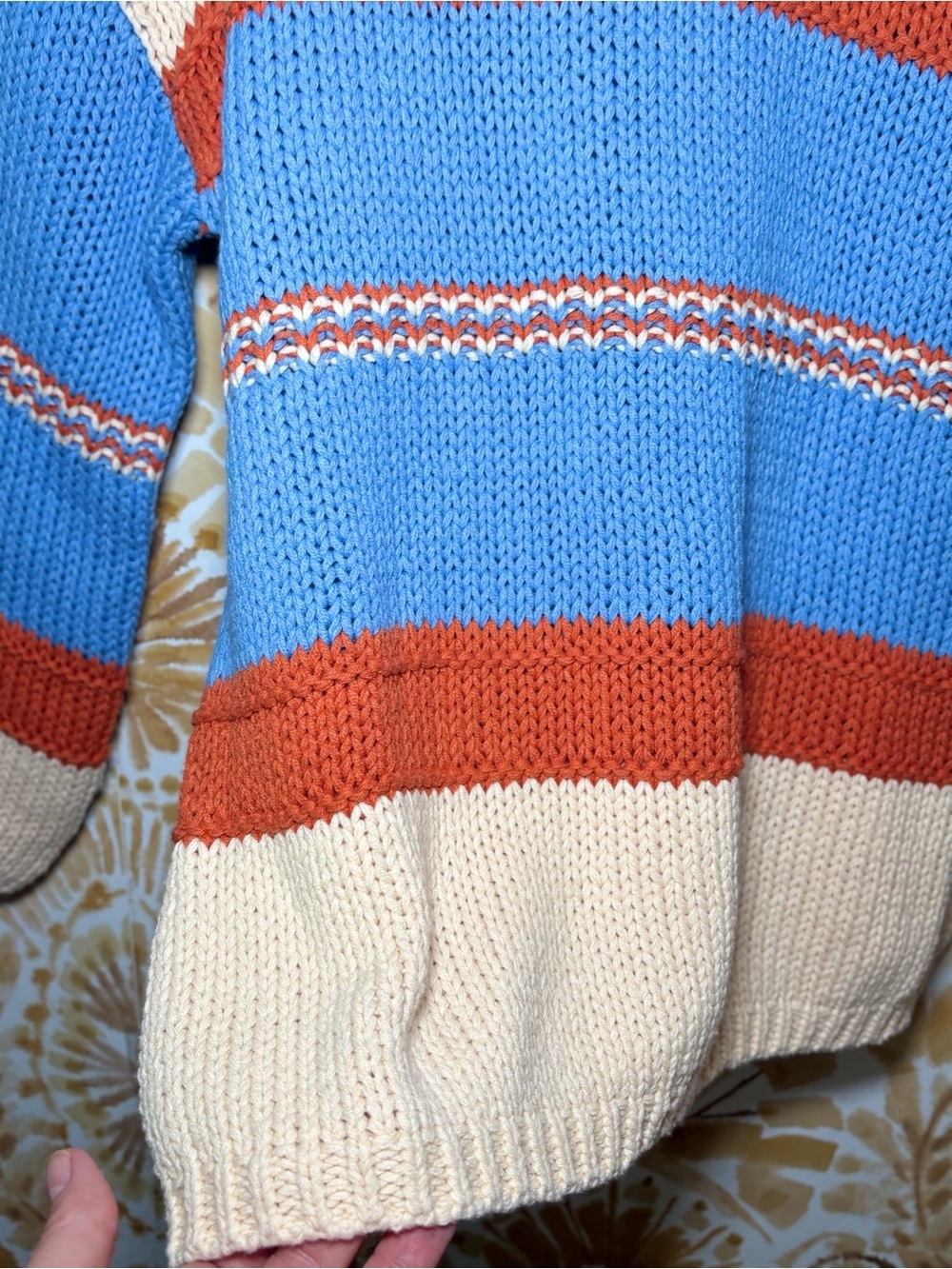 Colorblock Striped Chunky Knit Sweater | Blue Cream Rust V-Neck Boho Cozy - Picture 6 of 10